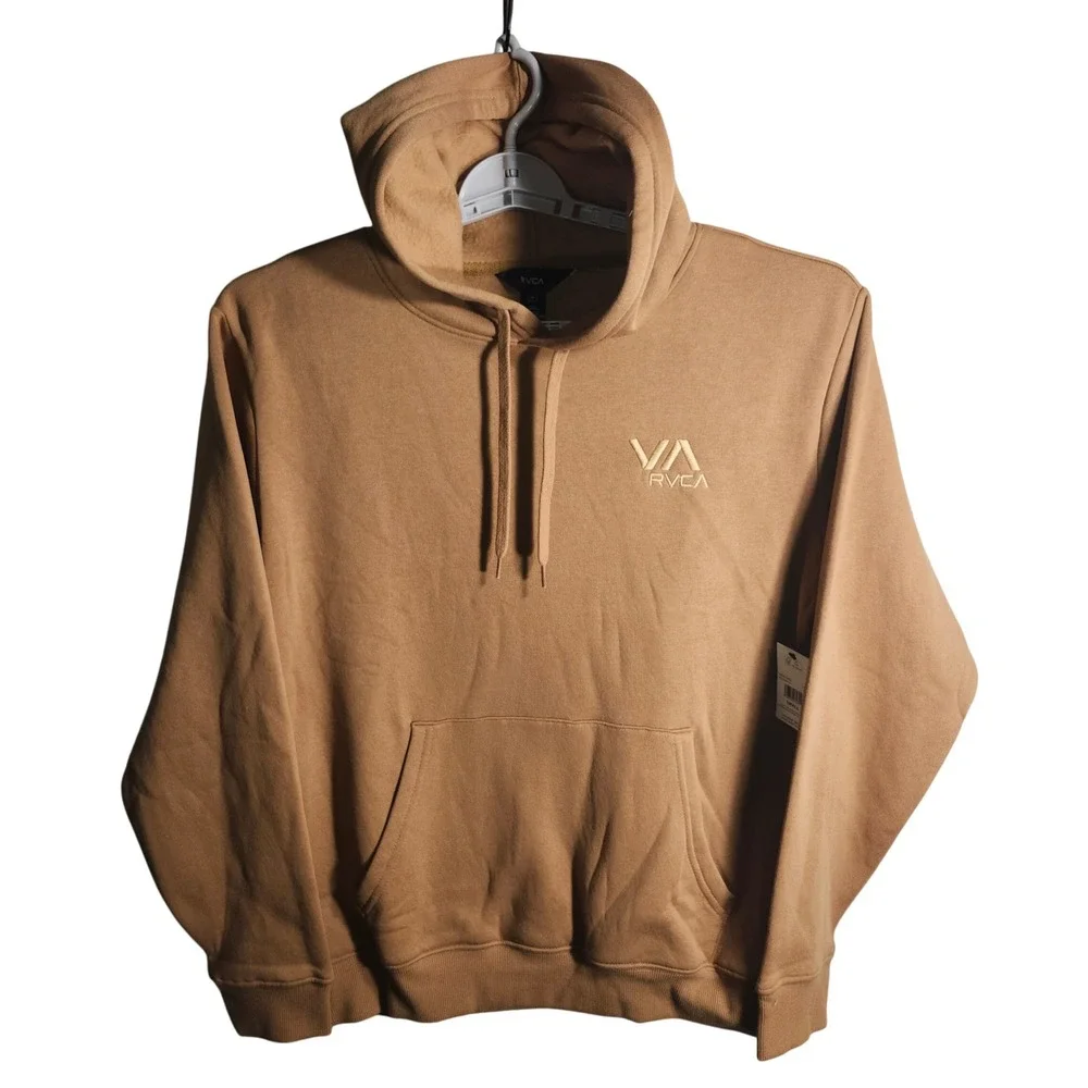 RVCA Wilson PULLOVER Hoodie Sweatshirt Tan‎ Brown Embroidered VA Logo Mens Small